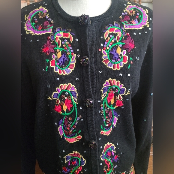 Vintage Jack B. Quick Sweatee Cardigan Mardi Gras Beaded Sequined Large XLarge - Picture 3 of 11